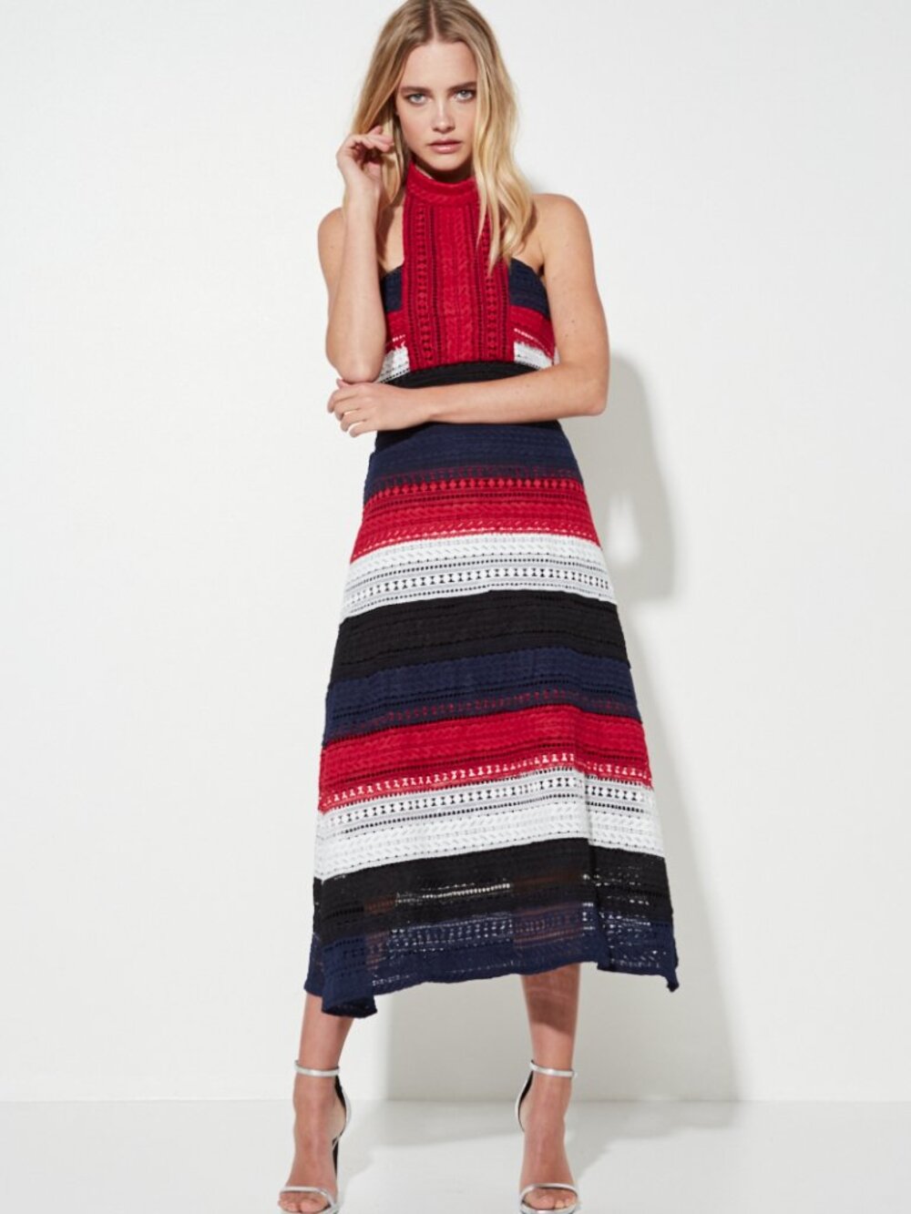 MOSSMAN Patriot Lace A-Line Midi Dress Red Navy Stripes Print Size US 8